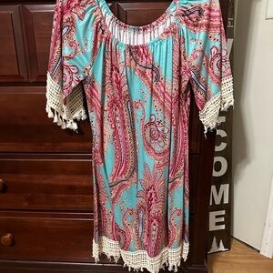Bohemian Paisley Dress with Crochet Trim